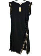 Michael Kors Black Gold Stud Dress M Sleeveless Asym Wrap Sheath Side Slit New