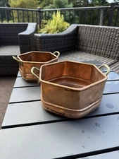 Vintage Hexagon Copper with Brass Handles Planter Pots Set Of Two