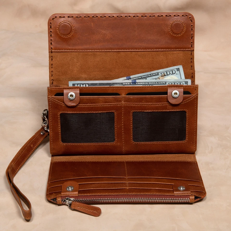 Leather Clutch Wallet for Women, Handmade Wristlet Bag with Zipper Pocket - Image 2 of 4