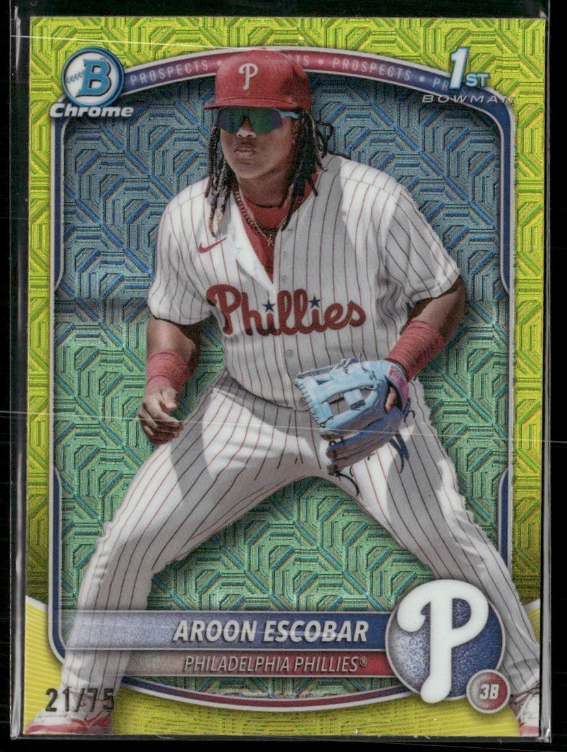 2025 Bowman Chrome Mega Box #BCP-65 Aroon Escobar Rookie RC Yellow Refractor /75