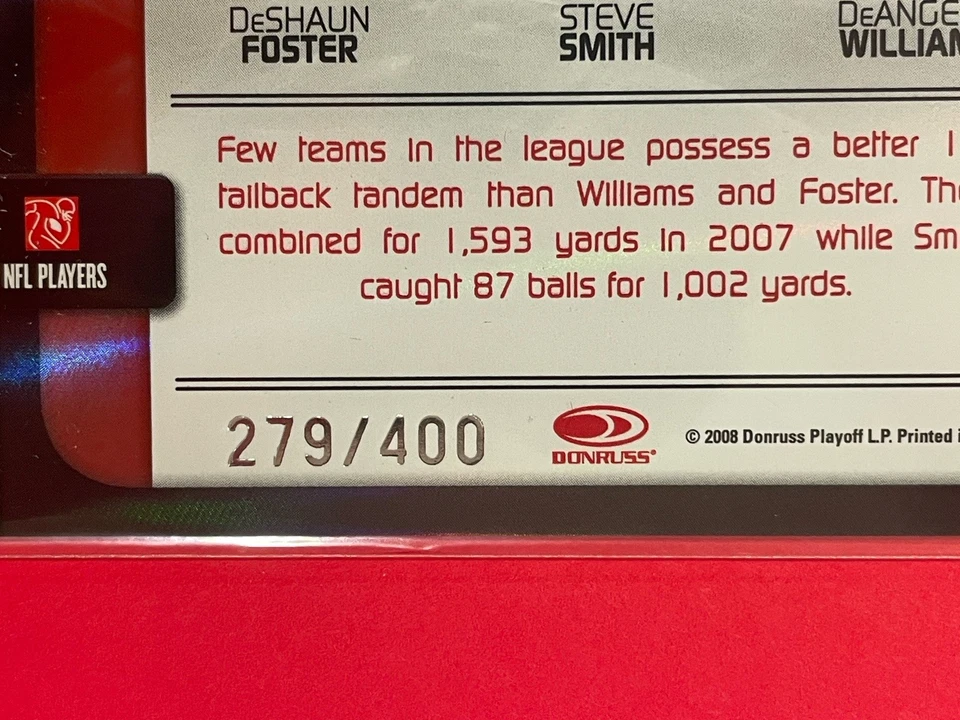 2008 Donruss Elite DeAngelo Williams/Steve Smith/DeShaun Foster Red /400 #ET-24 - Image 3 of 3