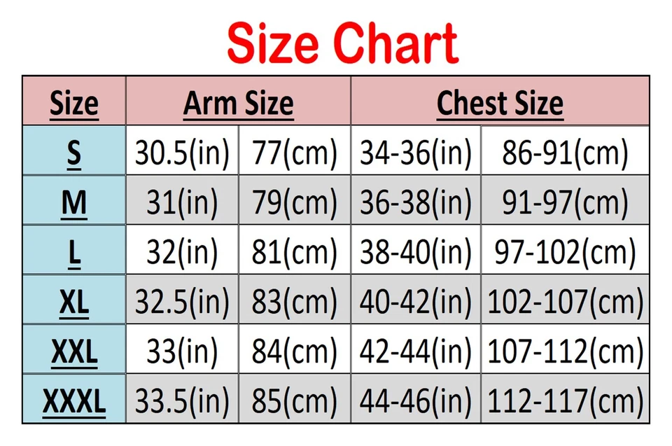  size chart with arm, and chest measurements