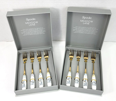 8 Spode Meadow Lane Pastry Forks Rabbit Porcelain Handle Gold Accent Easter