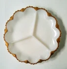 Vintage White Milk Glass Gold Rim Scallop Edge 3 Divided Serving Dish Platter