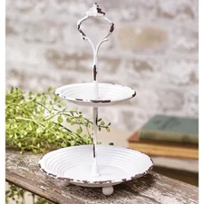 NEW Farmhouse Chippy White 2 Tiered ROUND Tray Candy Dish Cottage Shabby 9.25"T