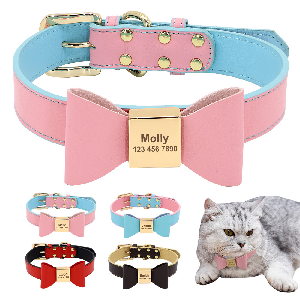 Personalised Dog Collar with Bow Tie Engraved Pet Name ID Soft Leather Pink  Red