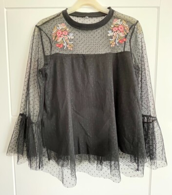 Xhilaration Blumenstickerei Tupfen Mesh Damen Bluse Top-Größe 8