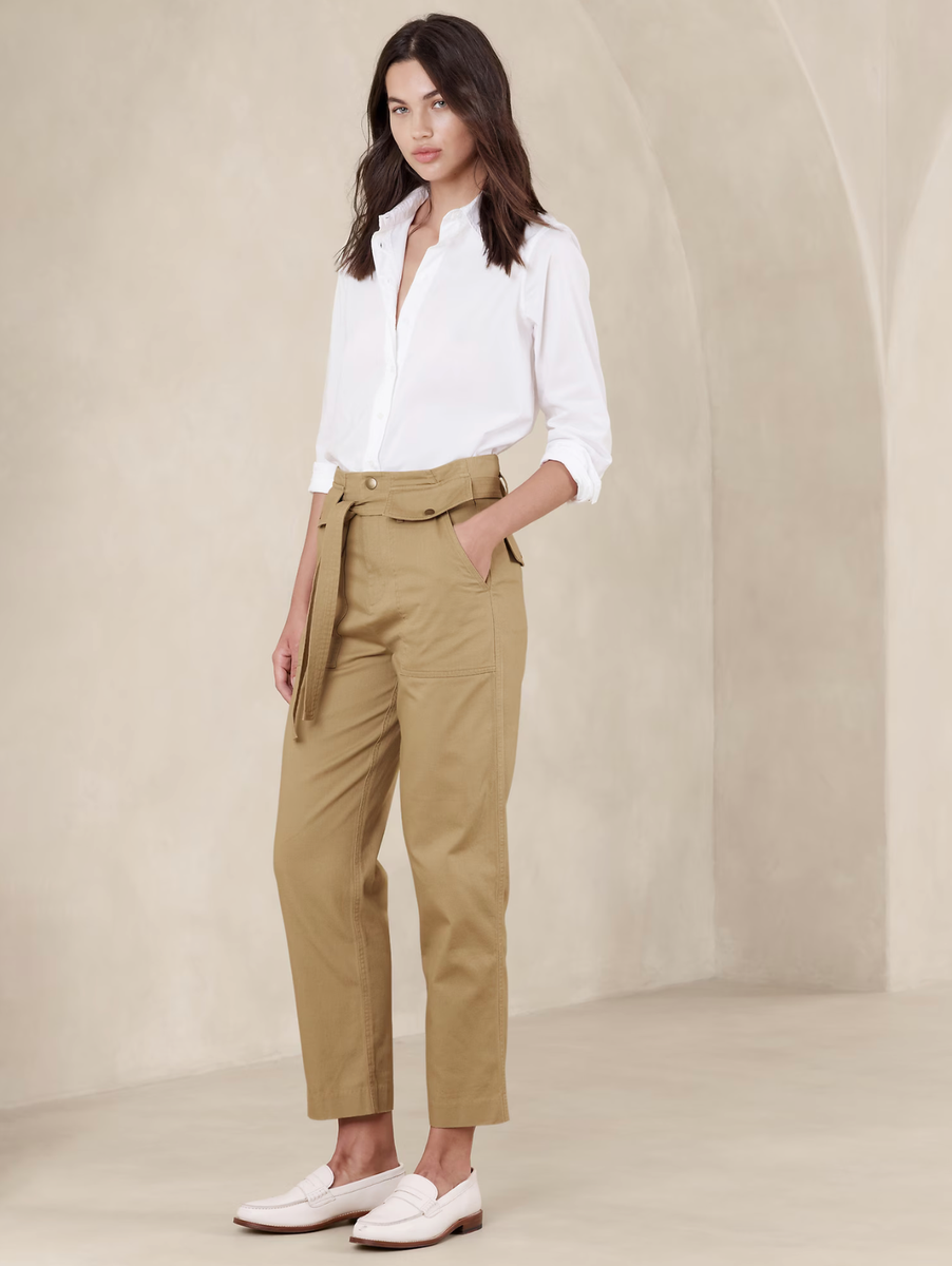 NWT BANANA REPUBLIC $90 UTILITY TIE-WAIST PANT, Khaki, Sz