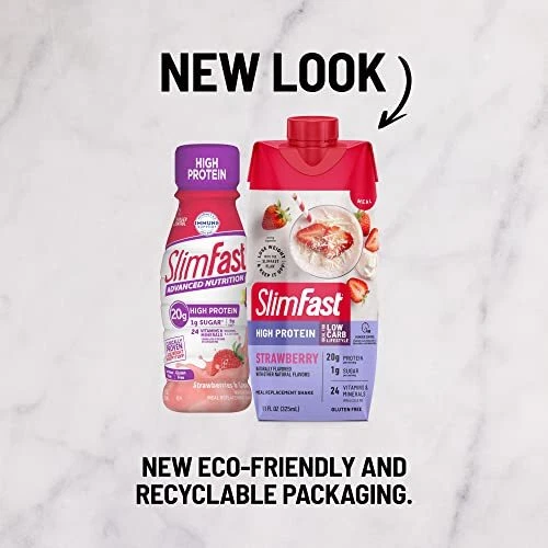 Batido de proteínas SlimFast, fresa - 20 g de proteína, batido de reemplazo de comidas listo para Foto 2 de 4