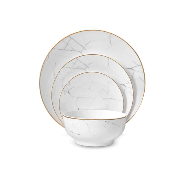 Little White Dish Carrara Marble Dinnerware Set Gold Rim, 16
