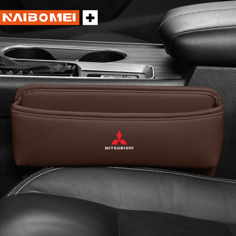 Car Seat Gap Filler Storage Box Organizer for Mitsubishi Brown PU Leather