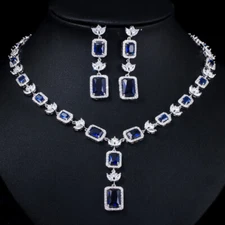 Princess Cut Blue Cubic Zirconia Crystal Wedding Banquet Necklace CZ Jewelry Set