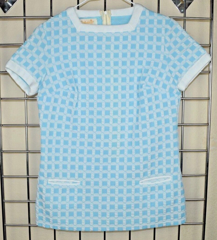 Vintage Catalina Shirt Size S/M 60s Turquoise Blue Plaid White Trim Pockets Mod - Image 3 of 4