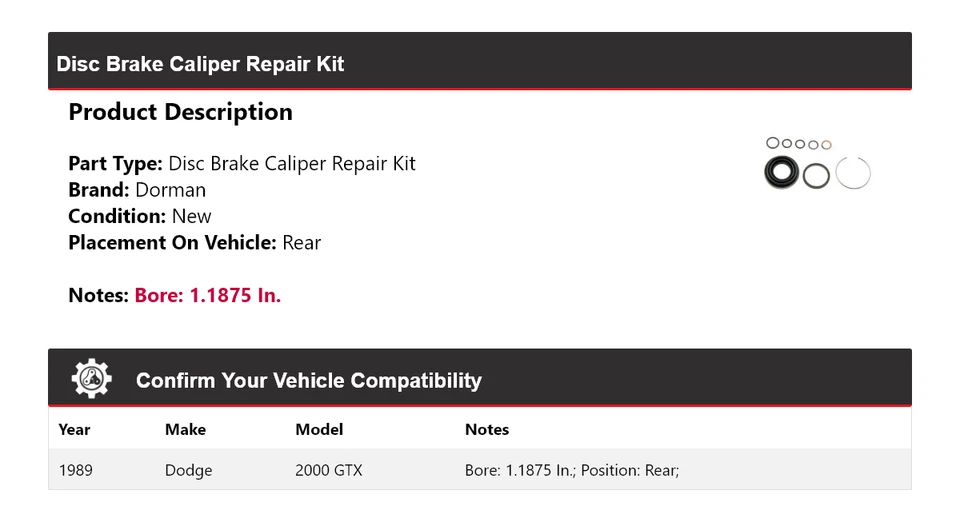 Kit de reparación de pinza de freno de disco trasera para Dodge 2000 GTX Dorman 1989 Foto 2 de 4