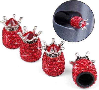 4x Red Crystal Diamond Crown Tire Valve Stem Caps Cover Fits Universal