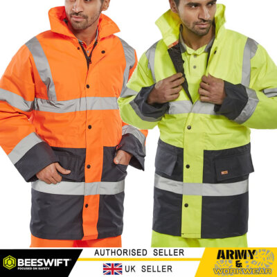 NEW MENS LADIES HI VIZ VIS VISIBILITY WORK WATERPROOF PADDED HOODED Jackets Size - View #9