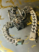 Women Gothic Skeleton Miami Cuban Link Iced Chain White CZ VVS Real 16" Choker