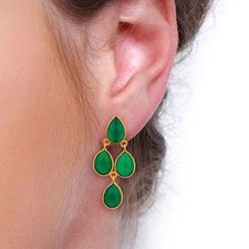 Green Onyx Gemstone Gold Plated 925 Silver Drop Earrings Wedding Jewelry