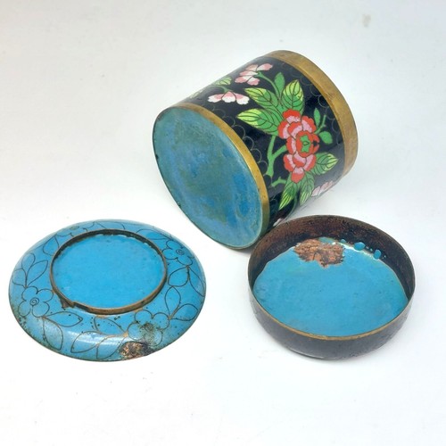 Antique Chinese Brass Cloisonne Tea Jar Box and Matching Saucer, Black with Pink - Picture 5 of 6