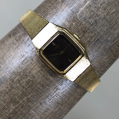 Seiko Women 2C20-5789 Dress Black Dial Gold Milanese Band Quartz 16mm Watch  6" | eBay