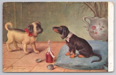 Süßer Mops und Dackel mit Flasche â   Vintage Hund Illustration
