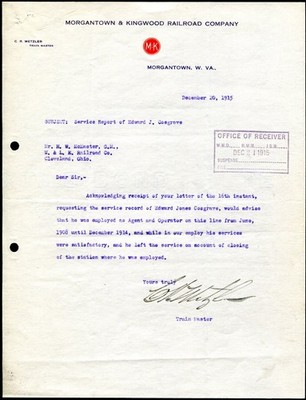 MORGANTOWN, WV ~ Morgantown & Kingwood Railroad Co. ~ Letterhead 1915