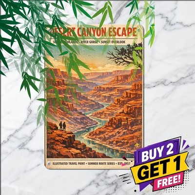 Vertical Three Panel Layout Warm Landscape Poster Vintage Canyon Metal Sign