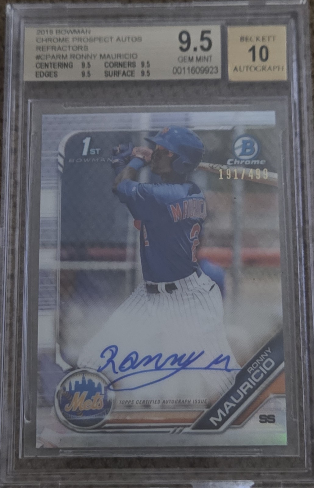 Ronny Mauricio 2019 Bowman Chrome REFRACTOR AUTO RC /499 BGS 9.5/10 GEM+ NY Mets