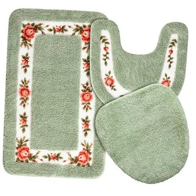  3 Pcs Rose Flowers Bathroom Rugs Set Coquette Room Decor Floral Bath Mat Green