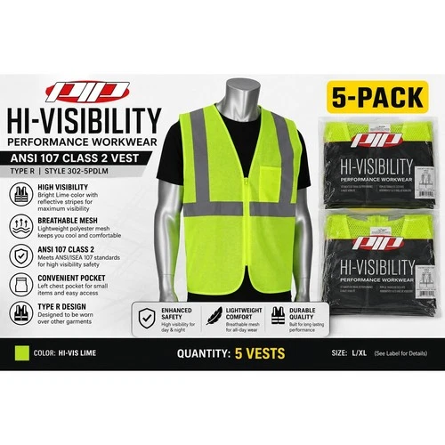 PIP Hi-Visibility Class 2 Safety Vest 5-Pack Lime Mesh Zipper 302-5PDLM L/XL - product listing photo