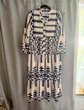 TikTok Geometric Shirt Dress Size 14 Regular Cream/Navy Midi 3/4 Sleeve