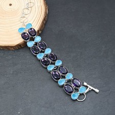 Amethyst Blue Chalcedony Gemstone 925 Sterling Silver Jewelry Bracelet 7-8"