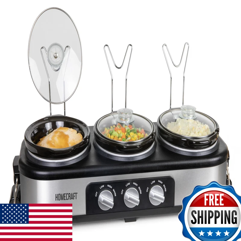 Homecraft Hctsc15Ss Stainless Steel 3-Station 1.5-Quart Oval Slow Cooker Buffet