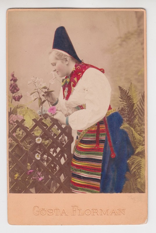 Sweden 1890s. A Woman in National Costume in Garden. Hand Painted. Gosta Florman