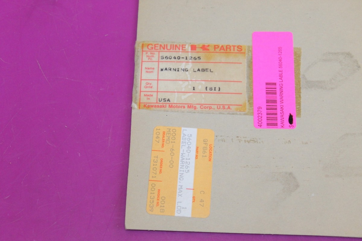 Kawasaki Warning Label. Part 56040-1265. Acquired from a closed