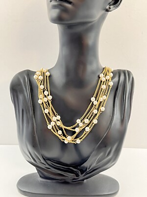 Gold Tone 6 Strand Station Faux Pearl Beaded 24'' Chain Necklace Box Clasp Layer