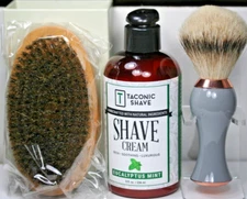 Taconic Shave Cream Eucalyptus Mint 8 oz + Beard & Hair Brush + shav cream brush