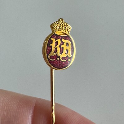 Vintage Raufoss Stick Pin   Crown Gold Emblem Red Enamel Badge