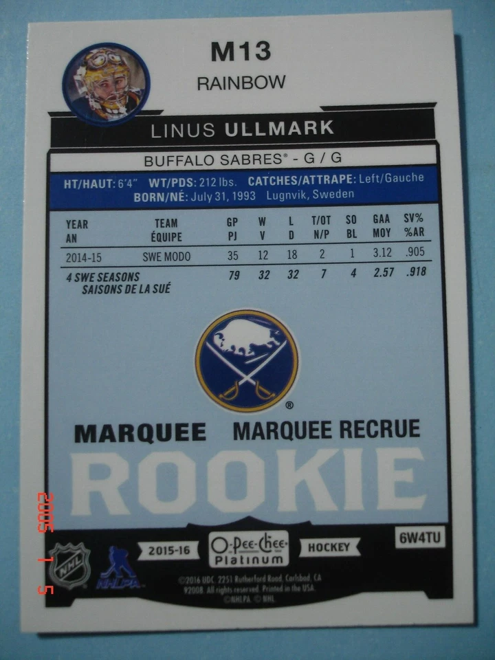 2015-16 O-Pee-Chee (Platinum) "Rainbow" Rookie Card # M-13 Linus Ullmark RC! - Image 2 of 2