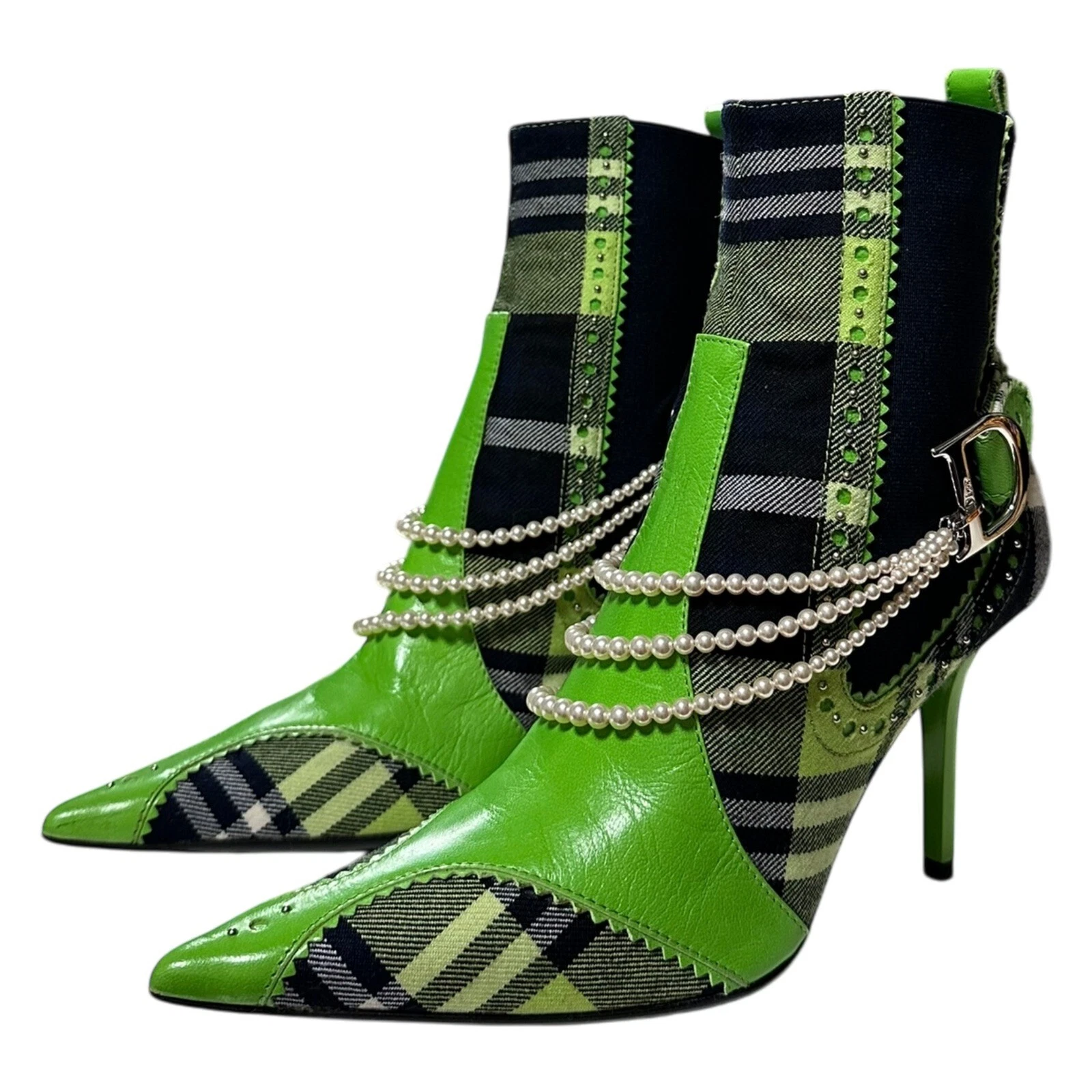 Bottines CHRISTIAN DIOR printemps été 2004 à carreaux D'Trick ornées de perles