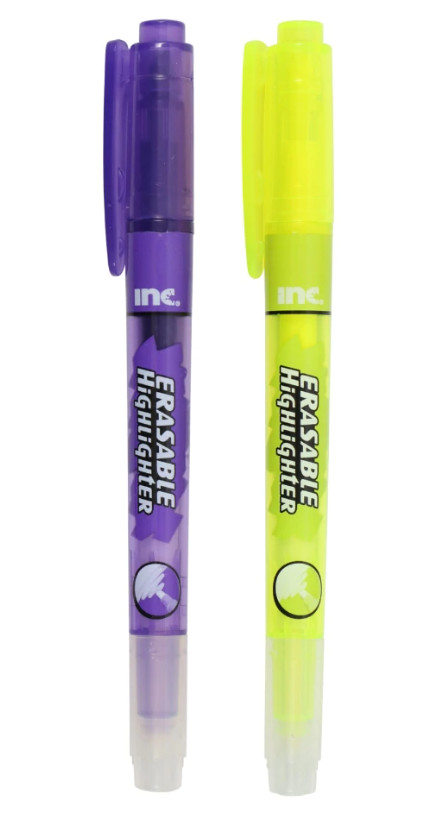INC. Eraseable Highlighters, Chisel Tip, 2 Count Pack ~ Yellow  Purple