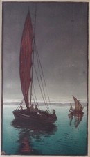 Wilhelm Schmidthild 1876-1951, Segelboote, großer Farbholzschnitt, signiert