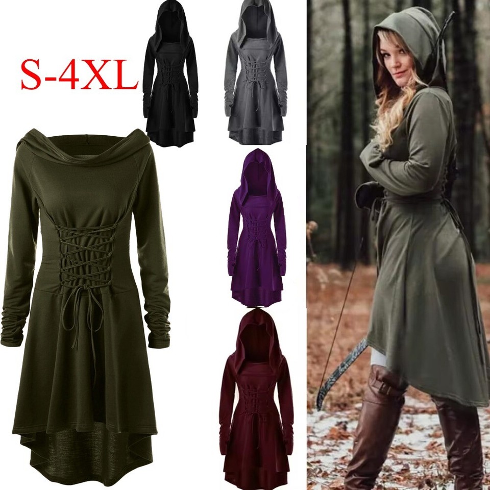 Vestido vintage para mujer cosplay medieval renacentista arquero disfraces bata con capucha