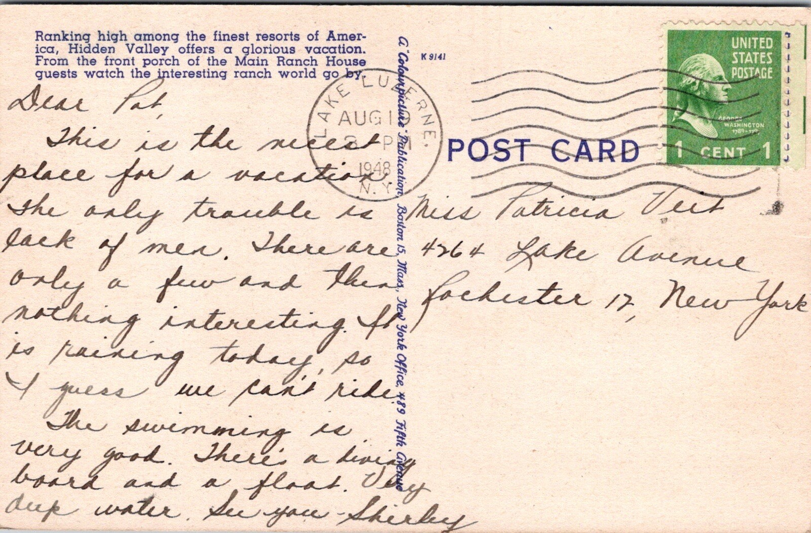 Hidden Valley Ranch Lake Luzerne NY Dude Ranch Horseback Riding Postcard T19 eBay