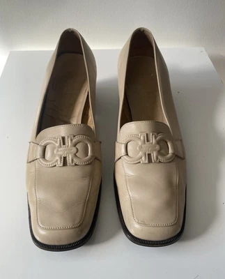 Salvatore Ferragamo Beige Leather Platform Block Heel Slip On UK 6.5 - Image 1 of 4