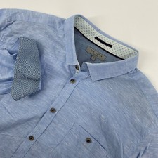 Ted Baker Dress Shirt Mens 6 Blue Linen Blend Flip Cuff British Office Smart