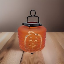 Vintage Halloween Orange Frosted Glass Pumpkin Lantern Tea Light Candle Holder