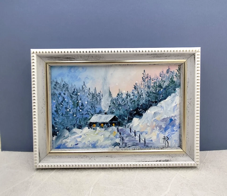 Pintura al óleo original paisaje de invierno pintura enmarcada pequeña 4x6 pulgadas mejor regalo Foto 2 de 4