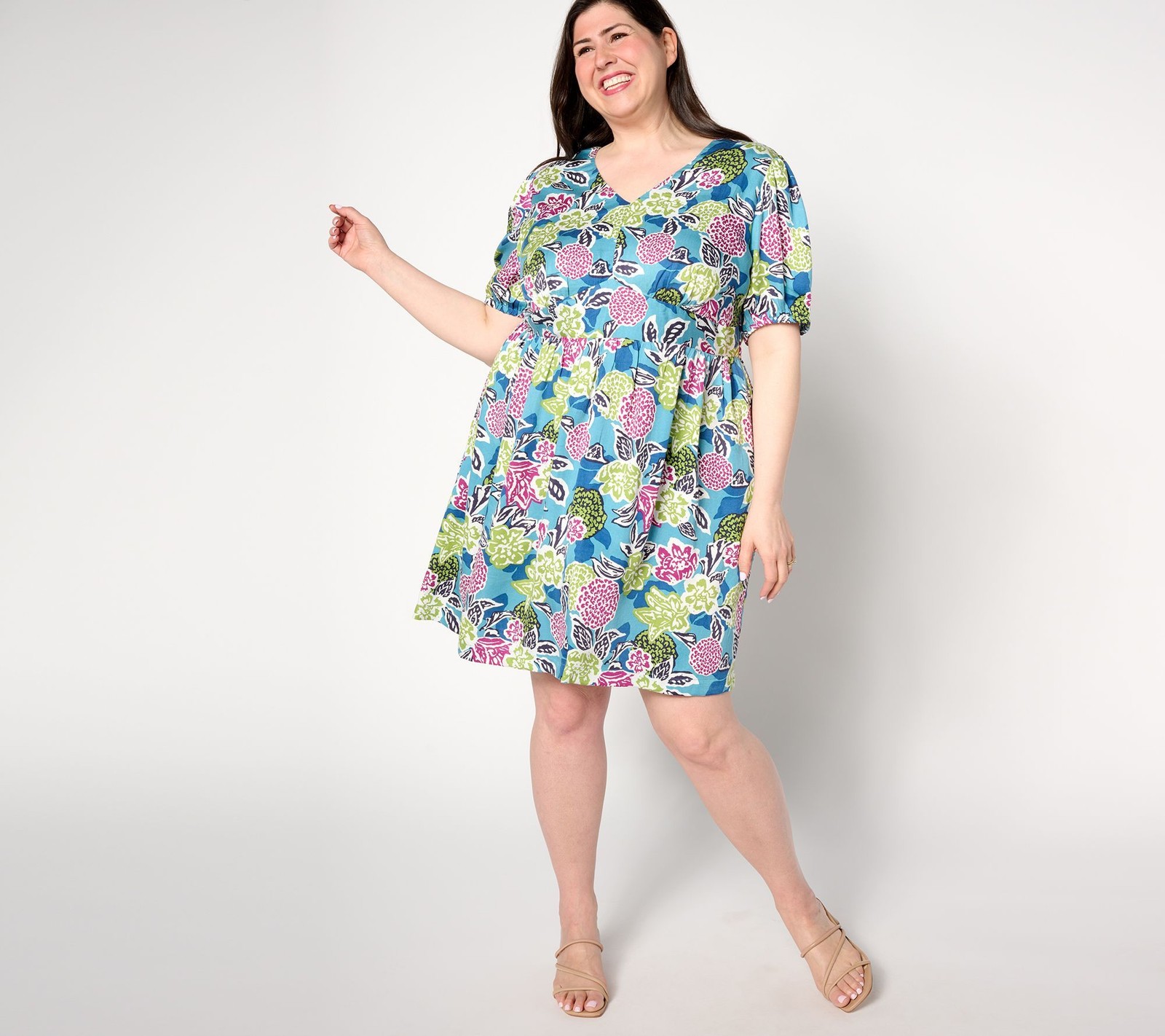 Anybody Women's Petite Dress PS Printed Puff-Sleeve Woven Blue A643888