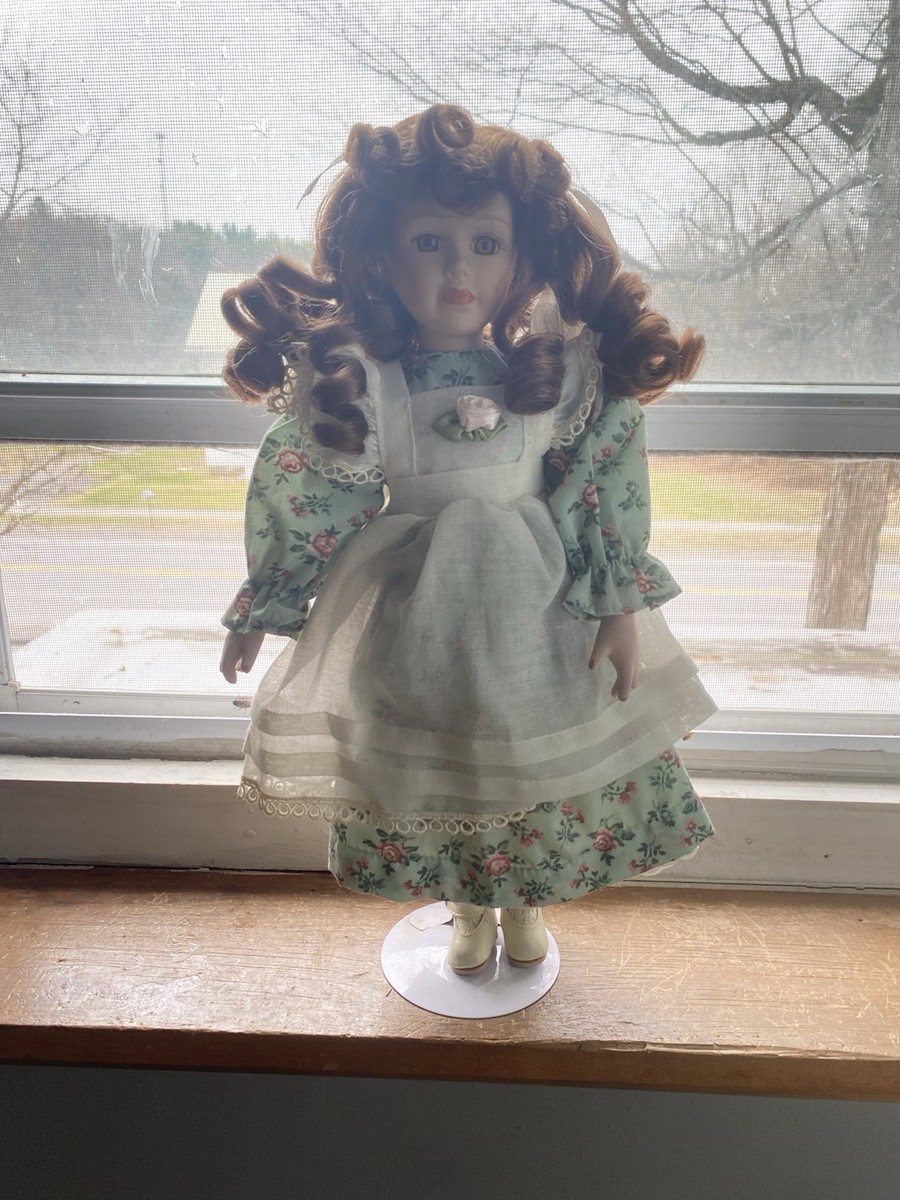 porcelain doll green dress Curly Brown Hair Floral White Apron with Stand Fuchsia Prom Dress